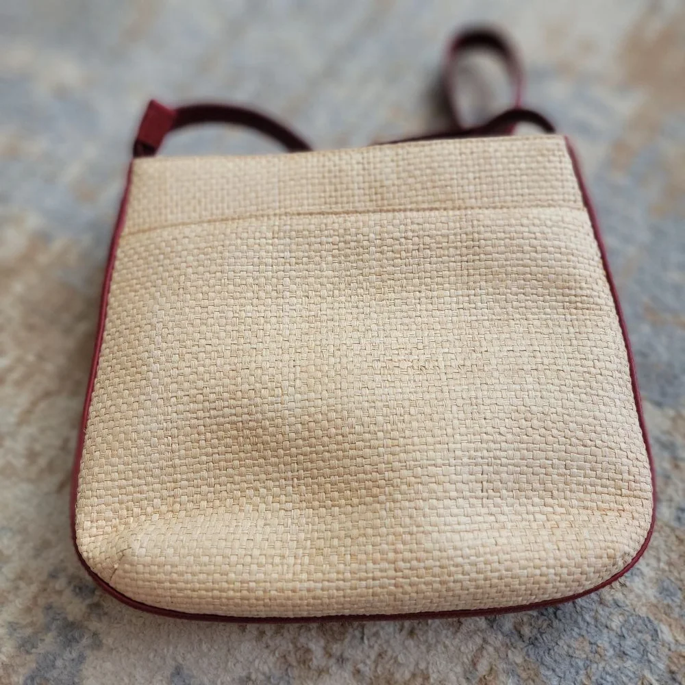 Etienne Aigner Paper Straw Leather Lined Floral Embroidered Boho Crossbody Purse - Picture 4 of 7